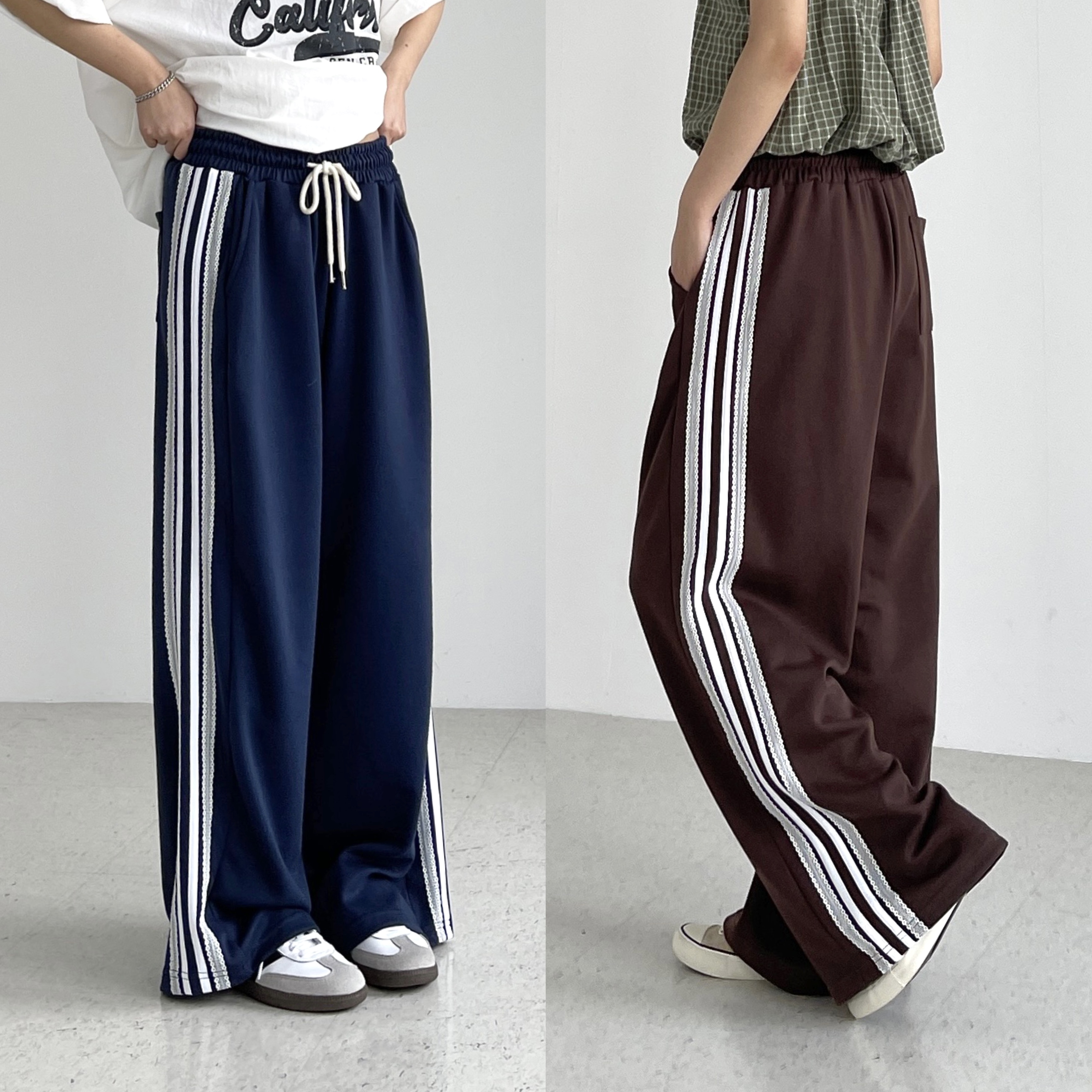 밴딩와이드팬츠 여성 봄 여름 루즈핏 여자 트레이닝 통 일자 고무줄 바지 핀터레이스 트랙팬츠