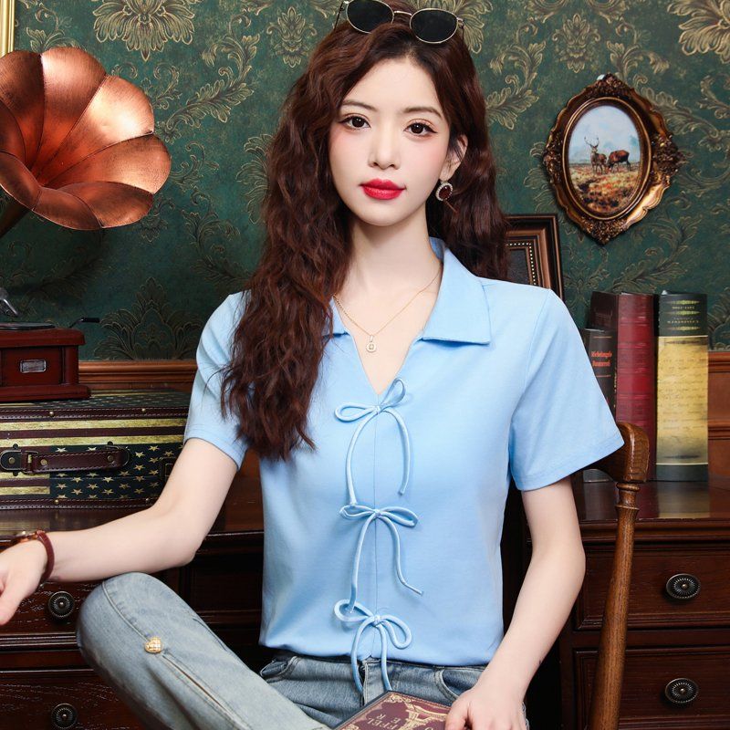 봄 여름 폴로카라 리본 반팔 블라우스 스트랩 스트레이트핏 여성 데일리룩 출근룩 스카이블루 - 상세 이미지 5