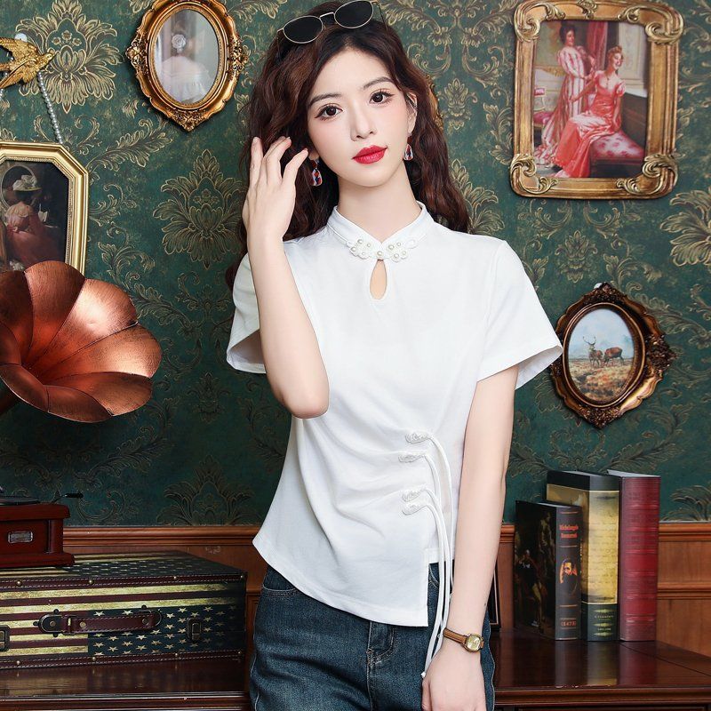봄 여름 차이나카라 매듭단추 반팔티셔츠 슬림핏 사이드셔링 스트랩 여성 데일리룩 화이트 - 상세 이미지 2