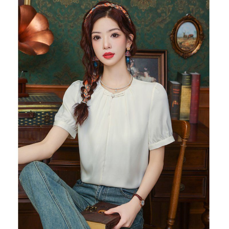 봄 여름 여성 스트레이트핏 빅사이즈 핀턱 버튼넥 라운드넥 블라우스 아이보리 - 상세 이미지 5