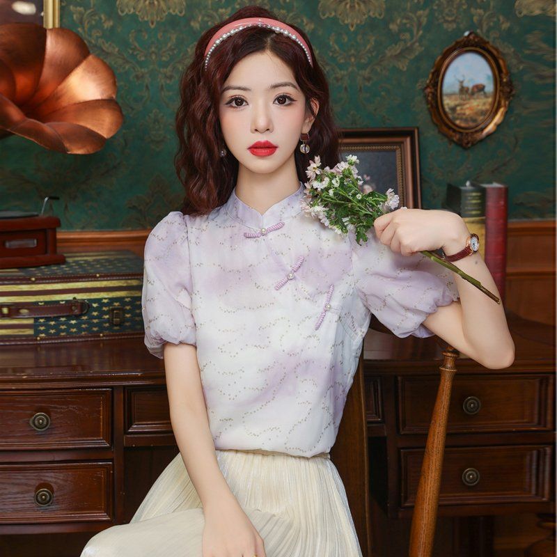봄 여름 여성 스트레이트핏 매듭단추 퍼프소매 반짝이 블라우스 빅사이즈 라벤더마블 - 상세 이미지 5