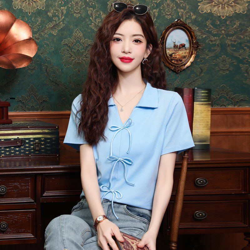 봄 여름 폴로카라 리본 반팔 블라우스 스트랩 스트레이트핏 여성 데일리룩 출근룩 스카이블루 - 상세 이미지 2