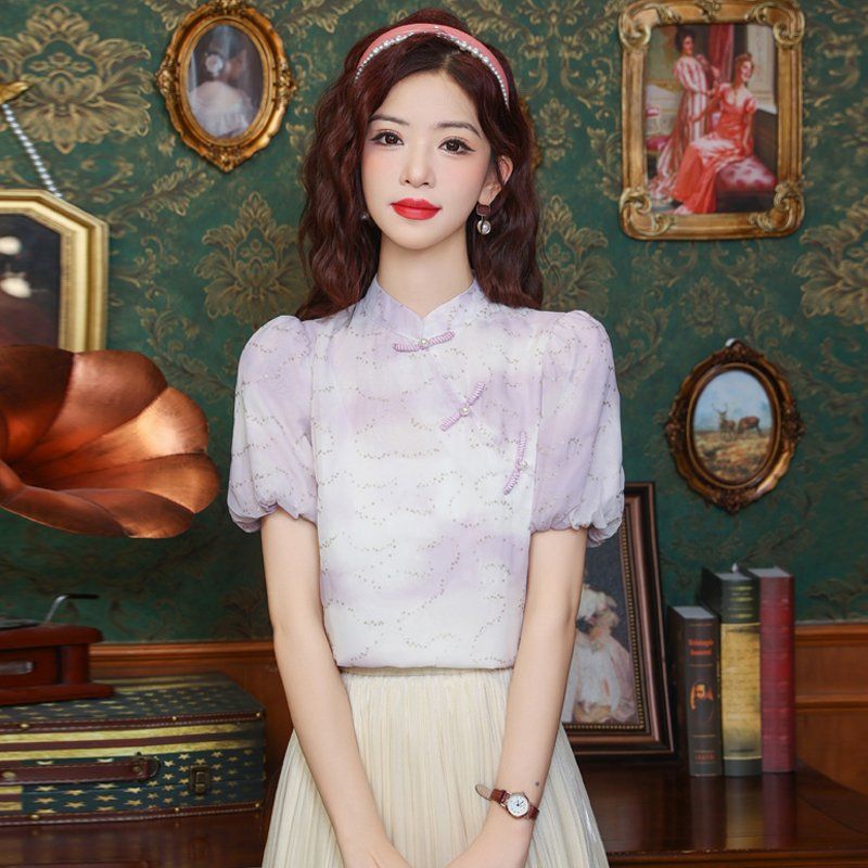 봄 여름 여성 스트레이트핏 매듭단추 퍼프소매 반짝이 블라우스 빅사이즈 라벤더마블 - 상품 이미지