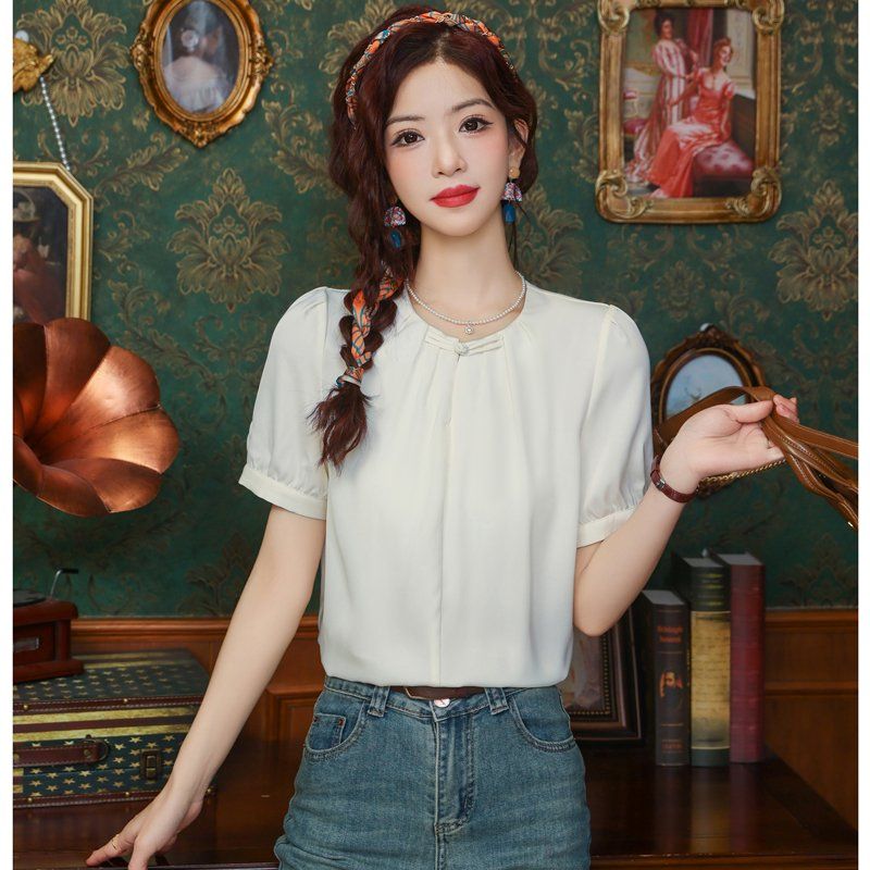 봄 여름 여성 스트레이트핏 빅사이즈 핀턱 버튼넥 라운드넥 블라우스 아이보리 - 상세 이미지 4