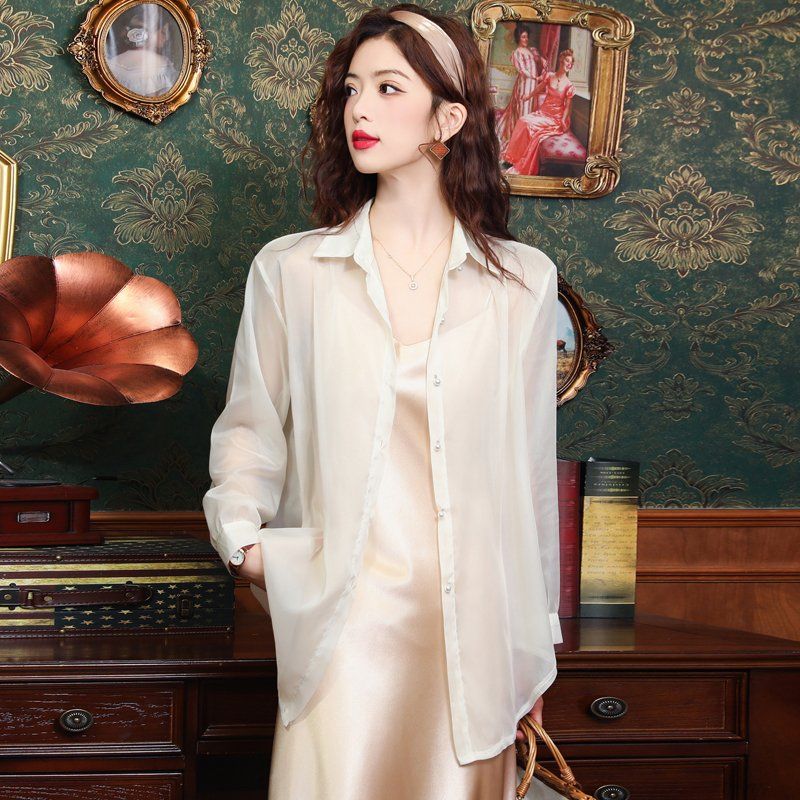 봄 여름 여성 루즈핏 시스루 뒷면매듭단추 언발란스 데일리 긴팔셔츠 아이보리 - 상세 이미지 2