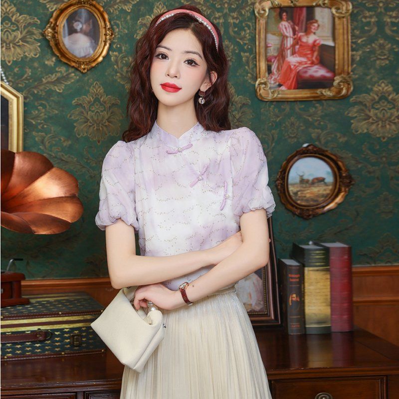 봄 여름 여성 스트레이트핏 매듭단추 퍼프소매 반짝이 블라우스 빅사이즈 라벤더마블 - 상세 이미지 3