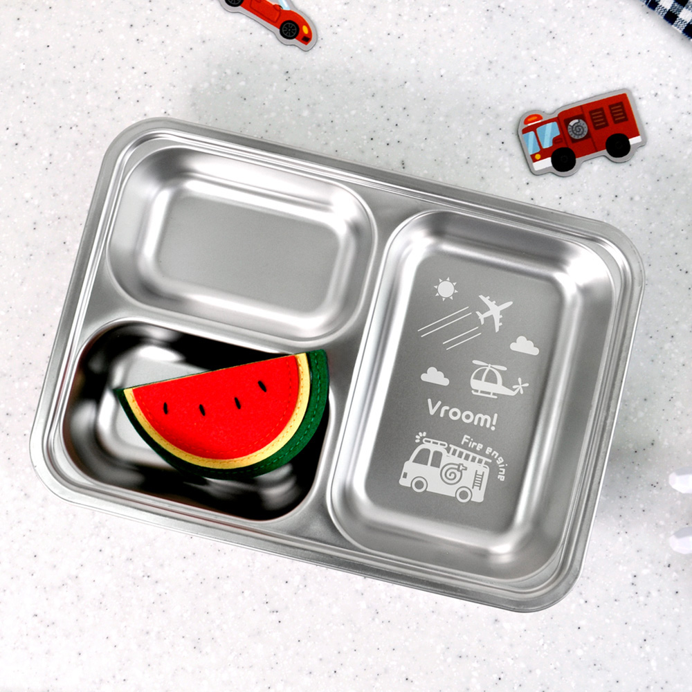 부릉부릉 스텐304 3칸 깊은 식판 어린이 아동 나눔 간식 접시 배식 자동차 자기주도