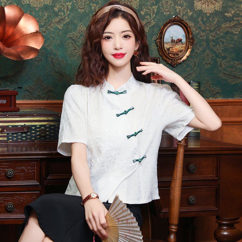 봄 여름 차이나카라 자수 반팔 블라우스 매듭단추 레트로 정장룩 오피스룩 데일리룩 화이트 - 상품 이미지