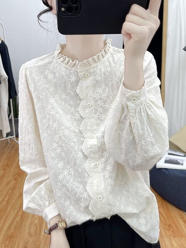 레이스카라 꽃무늬패턴 긴팔셔츠 프릴 블라우스 유니크 디자인 봄 여름 루즈핏 베이지아이보리 - 상세 이미지 3