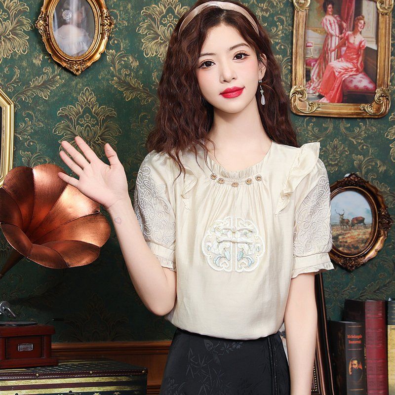 봄 여름 여성 스트레이트핏 고급 자수 프릴 보석넥 블라우스 빅사이즈 아이보리 - 상세 이미지 5
