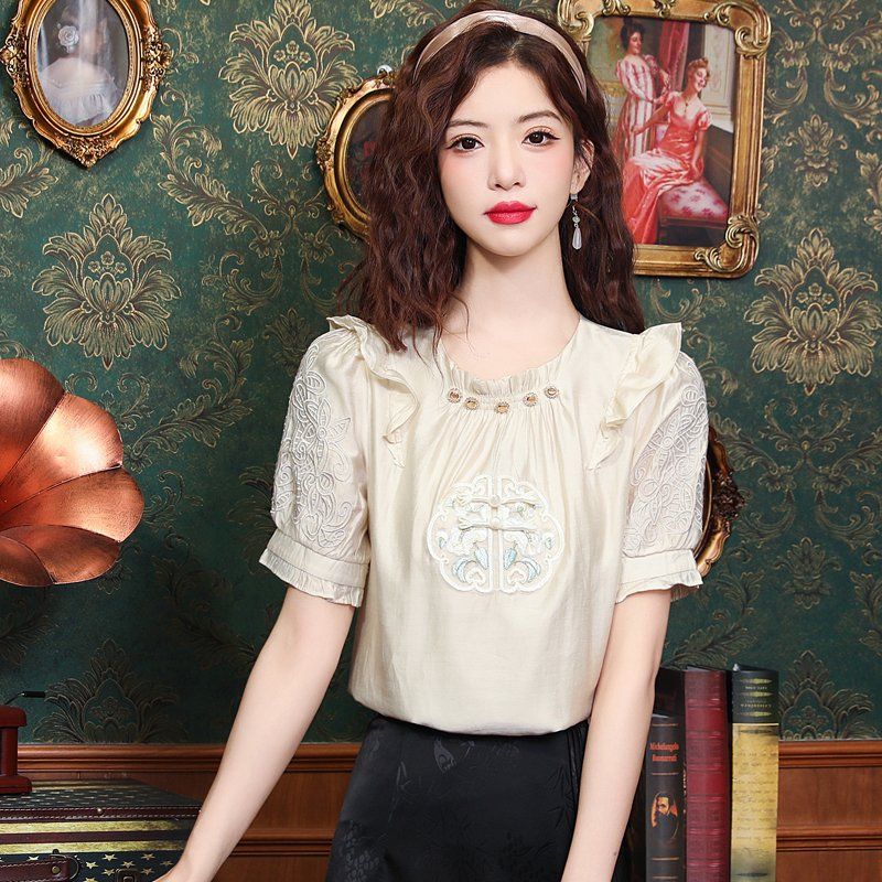 봄 여름 여성 스트레이트핏 고급 자수 프릴 보석넥 블라우스 빅사이즈 아이보리 - 상세 이미지 3