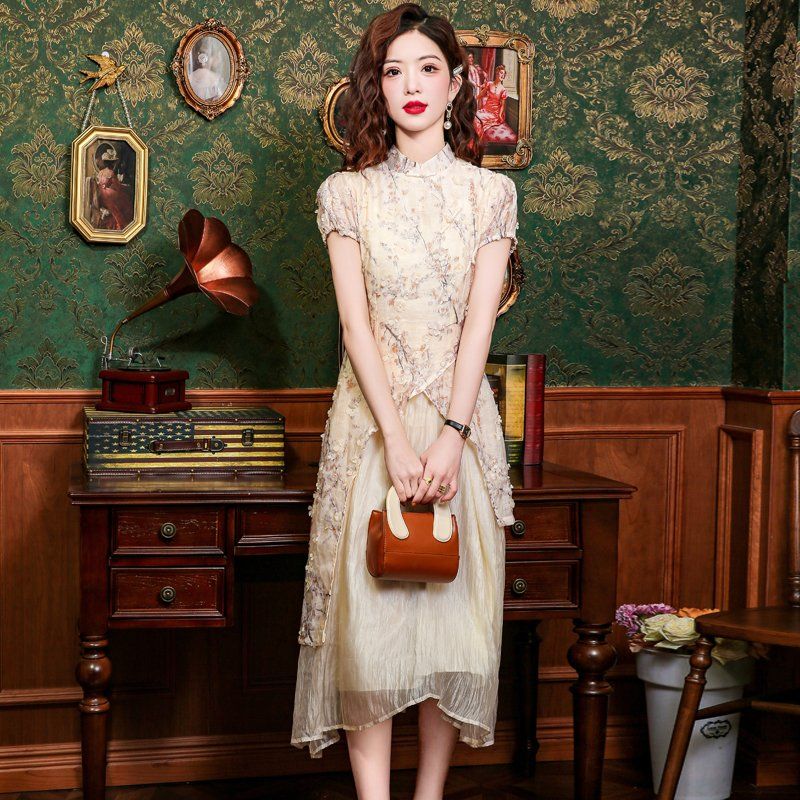 봄 여름 여성 신중국풍 플라워 매듭단추 스탠드칼라 롱원피스 베이지플라워 - 상세 이미지 2