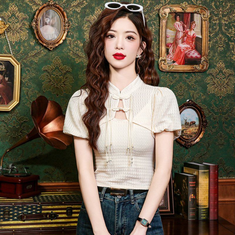 봄 여름 차이나카라 퍼프소매 반팔티 볼레로레이어드 매듭단추 태슬 슬림핏 아이보리 - 상세 이미지 3
