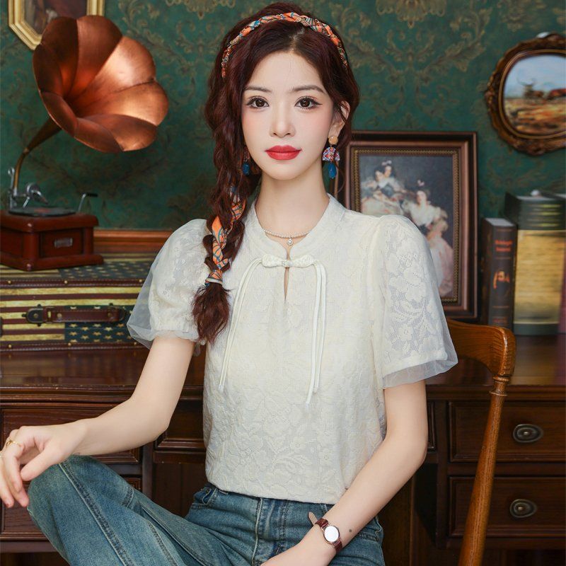 봄 여름 차이나카라 레이스 반팔 블라우스 퍼프 시스루소매 매듭단추 슬림핏 아이보리 - 상세 이미지 4
