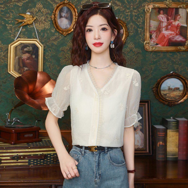 봄 여름 여성 스트레이트핏 브이넥 프릴 시스루 반팔 블라우스 빅사이즈 아이보리 - 상세 이미지 2