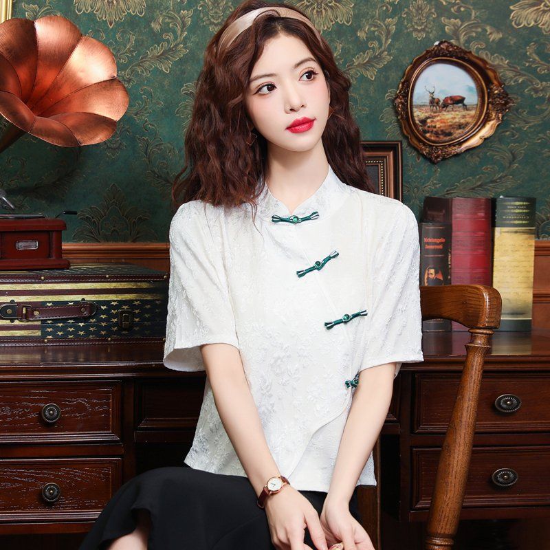 봄 여름 차이나카라 자수 반팔 블라우스 매듭단추 레트로 정장룩 오피스룩 데일리룩 화이트 - 상세 이미지 2