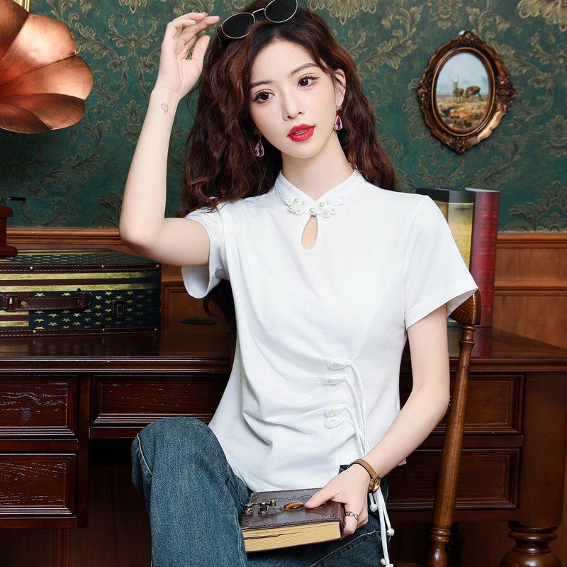 봄 여름 차이나카라 매듭단추 반팔티셔츠 슬림핏 사이드셔링 스트랩 여성 데일리룩 화이트 - 상세 이미지 3