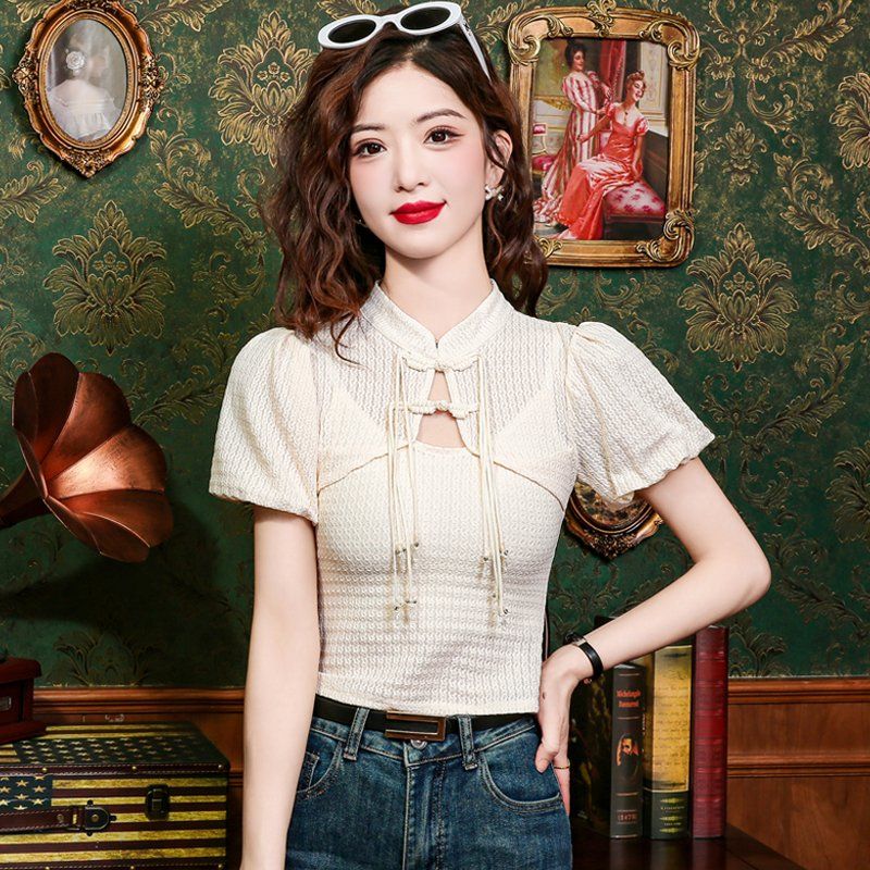 봄 여름 차이나카라 퍼프소매 반팔티 볼레로레이어드 매듭단추 태슬 슬림핏 아이보리 - 상품 이미지