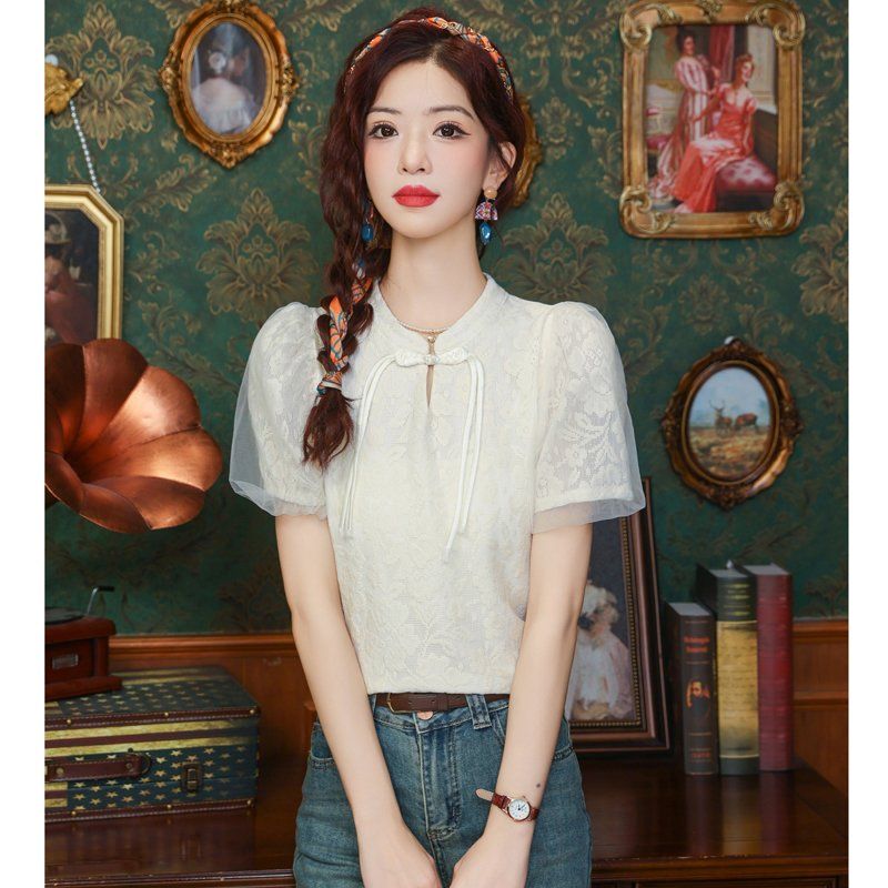 봄 여름 차이나카라 레이스 반팔 블라우스 퍼프 시스루소매 매듭단추 슬림핏 아이보리 - 상세 이미지 2