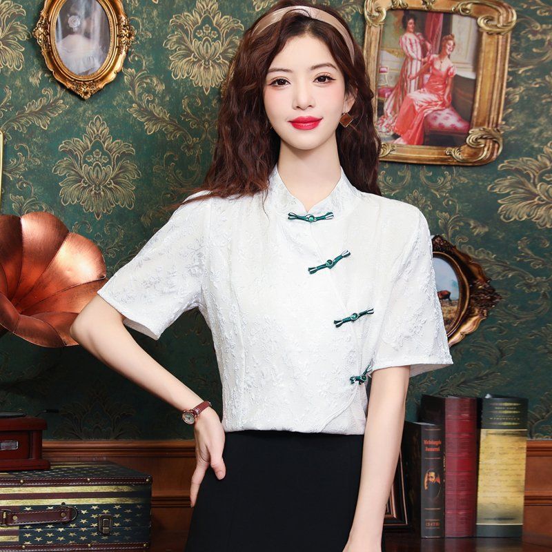 봄 여름 차이나카라 자수 반팔 블라우스 매듭단추 레트로 정장룩 오피스룩 데일리룩 화이트 - 상세 이미지 4