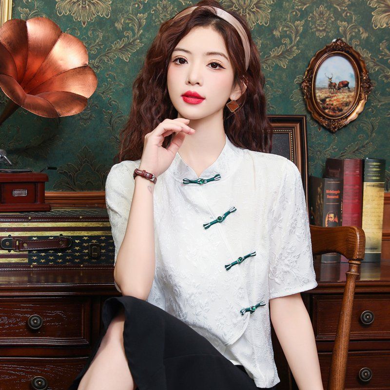 봄 여름 차이나카라 자수 반팔 블라우스 매듭단추 레트로 정장룩 오피스룩 데일리룩 화이트 - 상세 이미지 3