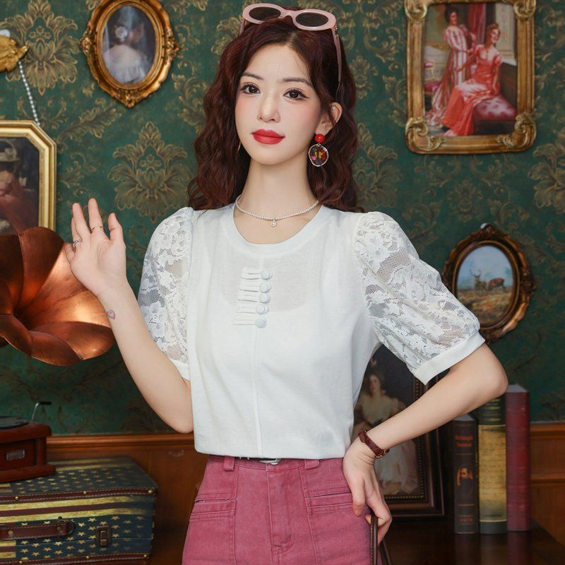 봄 여름 여성 스트레이트핏 라운드넥 래글런 레이스소매 반팔티셔츠 빅사이즈 데일리 화이트 - 메인 이미지