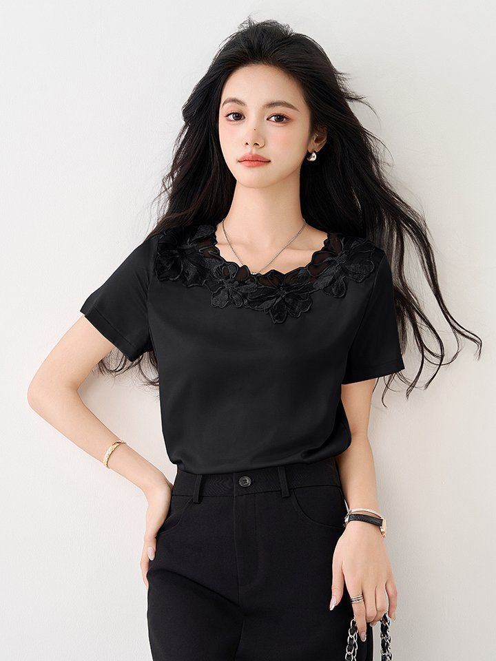 봄 여름 여성 스트레이트핏 라운드넥 레이스넥 반팔 티셔츠 블라우스 오피스룩 - 상세 이미지 4
