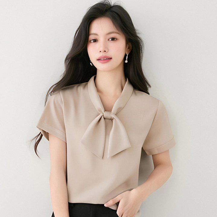 여성 여름 오피스룩 보우타이 브이넥 반팔 블라우스 출근룩 정장룩 격식룩 하객룩 세련된 - 상품 이미지