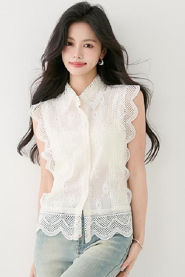 봄 여름 여성 스트레이트핏 펀칭레이스 민소매 셔츠 블라우스 폴로카라 캐주얼룩 화이트 - 상세 이미지 5