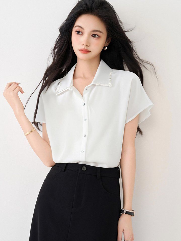 봄 여름 여성 스트레이트핏 진주카라 폴로카라 반팔 셔츠 블라우스 빅사이즈 데일리룩 - 상세 이미지 2