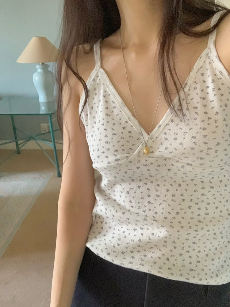 플라워 브이넥 랩 여성 나시티 탱크탑 세미 여자 크롭티 민소매 탑 여름 여성 티셔츠 이너티 - 상세 이미지 2