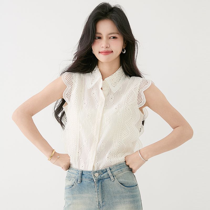봄 여름 여성 스트레이트핏 펀칭레이스 민소매 셔츠 블라우스 폴로카라 캐주얼룩 화이트 - 상세 이미지 2