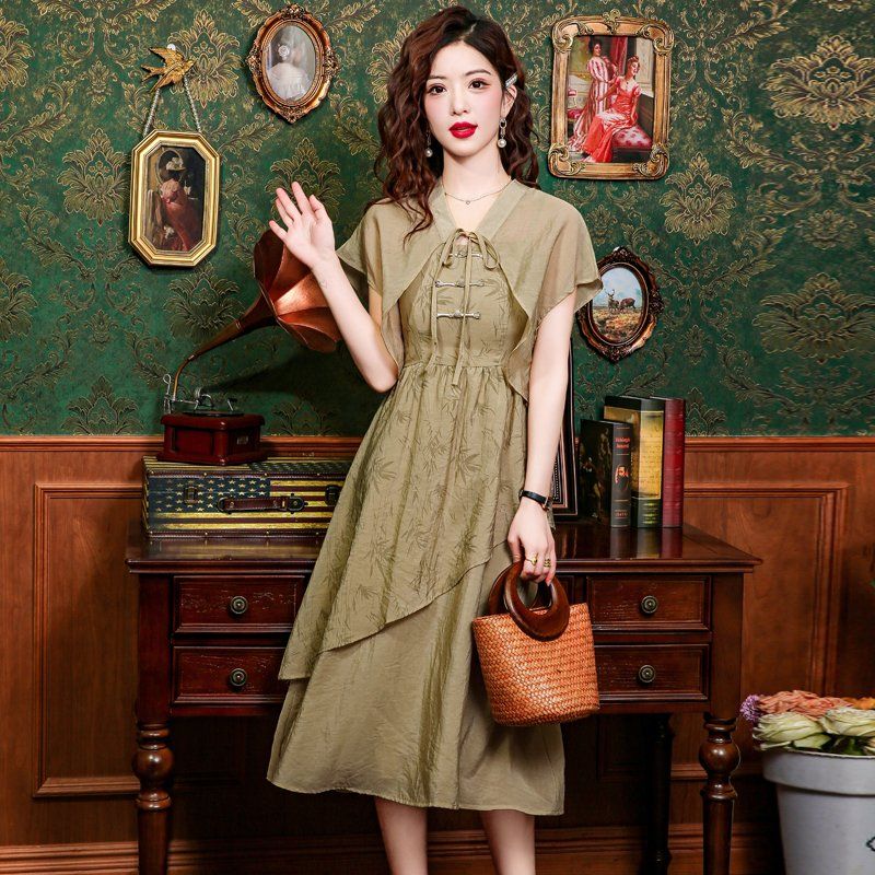 봄 여름 여성 나시원피스 볼레로세트 대나무잎 매듭단추 케이프 플레어 롱원피스 올리브그린 - 상세 이미지 3