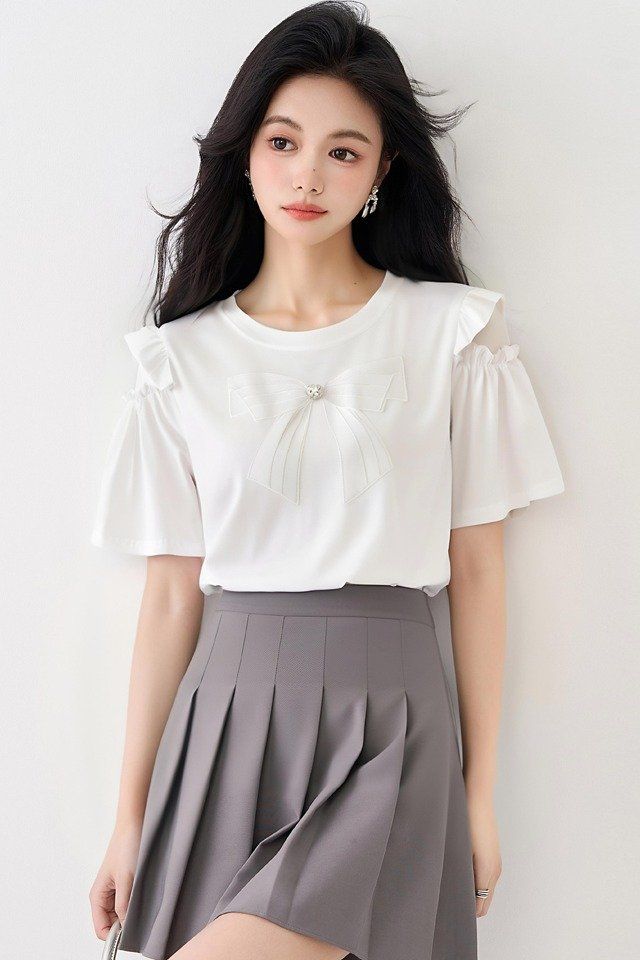 봄 여름 여성 스트레이트핏 라운드넥 리본아플리케 프릴소매 반팔티셔츠 데일리룩 화이트 - 상세 이미지 5