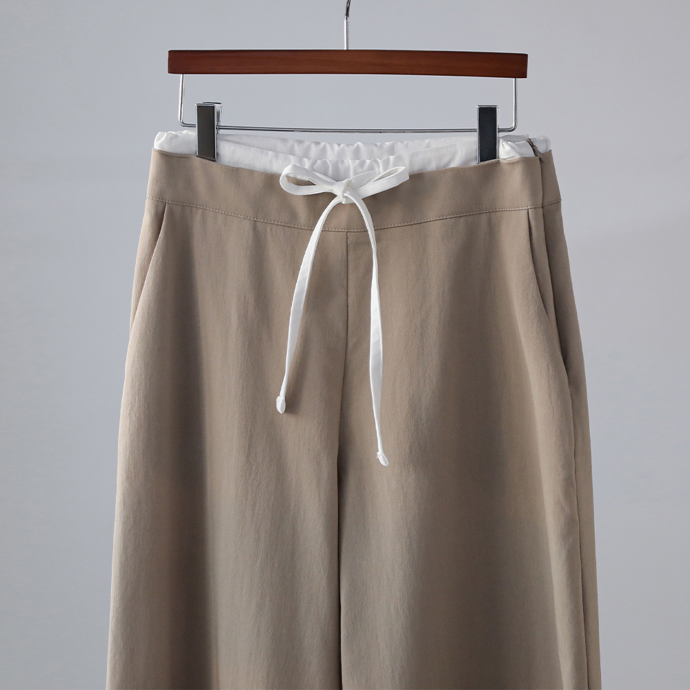 렉스 스타일리시 배색 스트링 로우라이즈 와이드 슬랙스 팬츠 - 상품 이미지