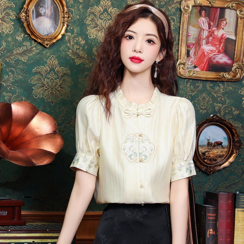 봄 여름 여성 스트레이트핏 프릴넥 리본 자수 반팔 블라우스 빅사이즈 페미닌룩 아이보리 - 상세 이미지 5