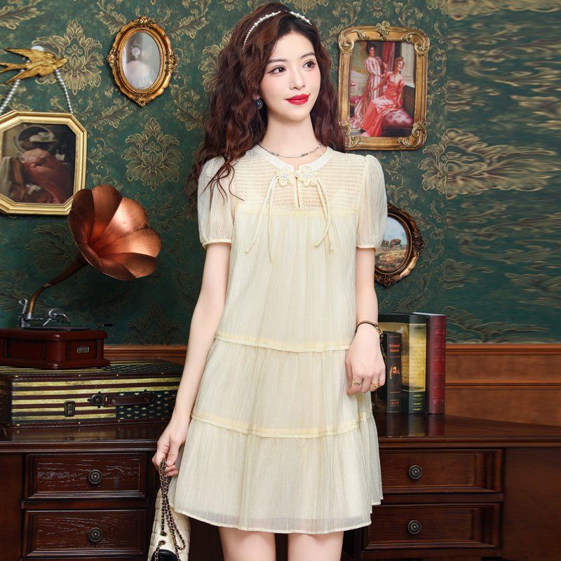 봄 여름 여성 A라인 라운드넥 플라워아플리케 리본스트링 캉캉 시스루 미니원피스 아이보리 - 상품 이미지