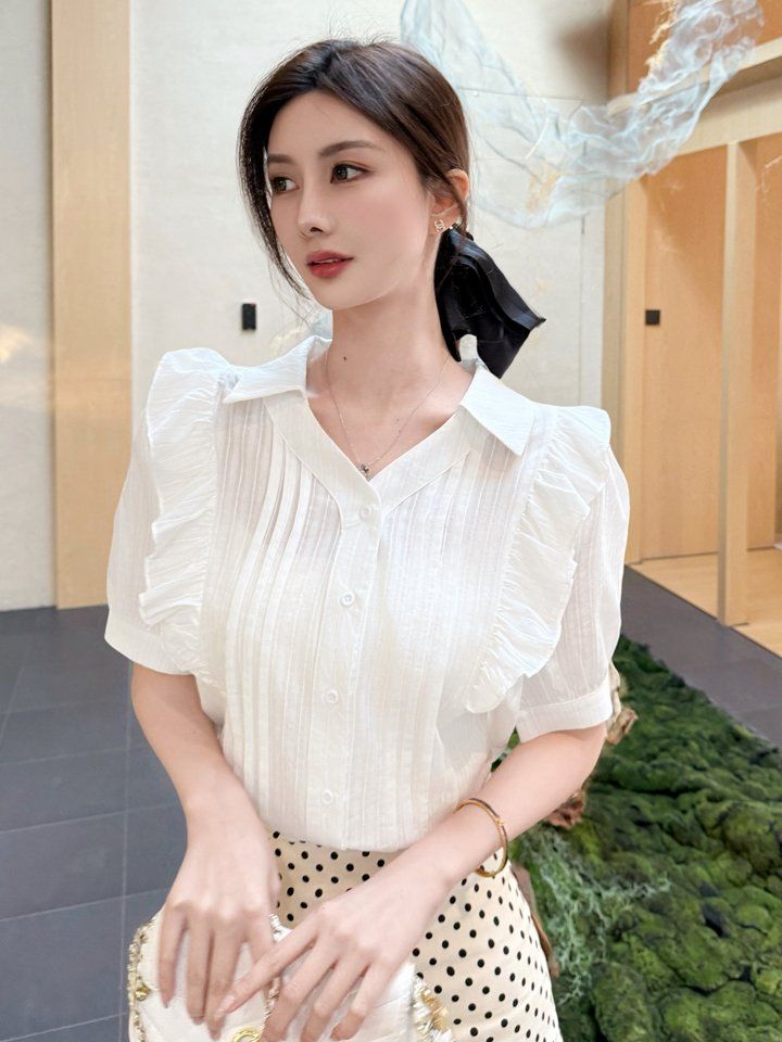 봄 여름 여성 스트레이트핏 폴로카라 핀턱 프릴 퍼프소매 반팔 블라우스 화이트 - 상세 이미지 3