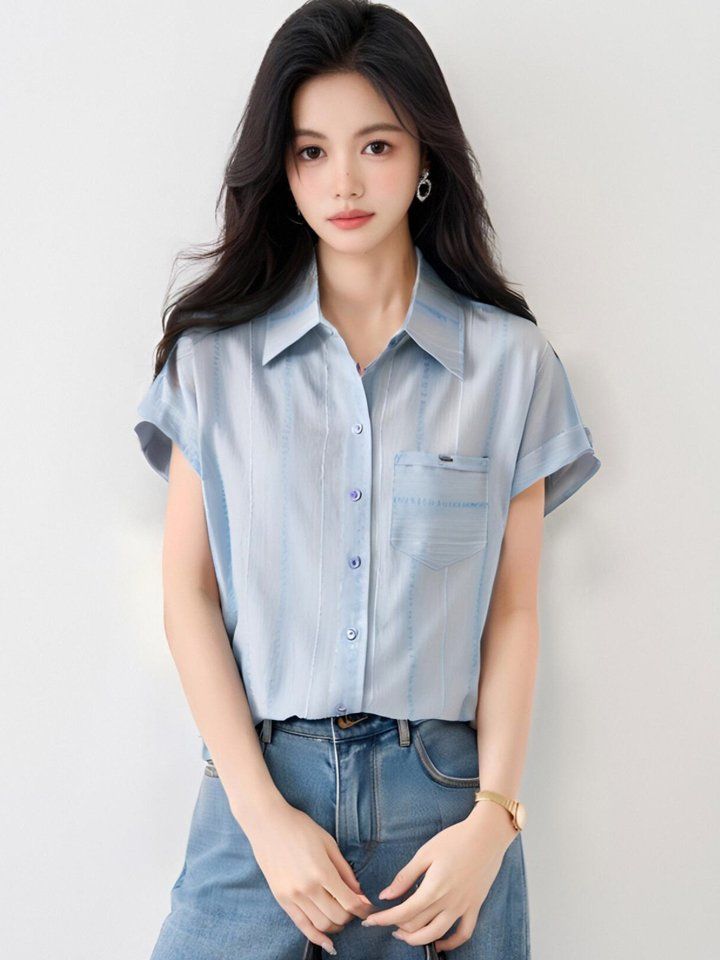 봄 여름 여성 루즈핏 스트라이프 폴로카라 반팔 셔츠 포켓 캐주얼룩 빅사이즈 블루스트라이프 - 상세 이미지 5