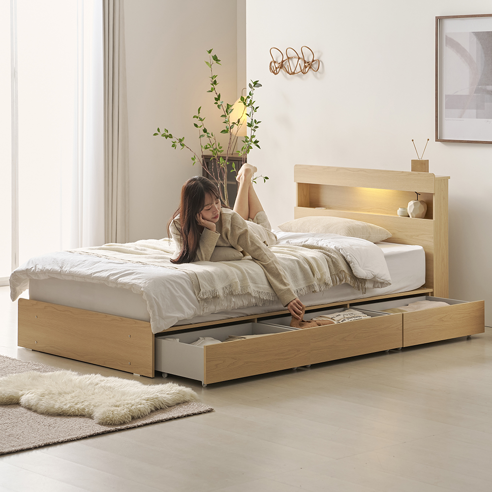 헤일리 서랍형 호텔침대 LED 조명 수납 침대 프레임 SS 슈퍼싱글