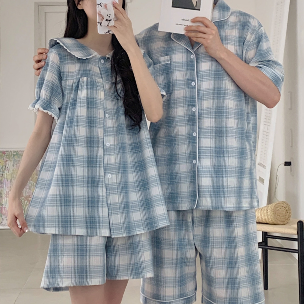 순면잠옷 커플파자마 여름잠옷세트 반팔 체크 남자 홈웨어 - 상세 이미지 3