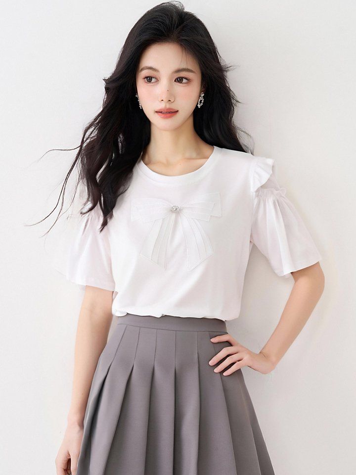 봄 여름 여성 스트레이트핏 라운드넥 리본아플리케 프릴소매 반팔티셔츠 데일리룩 화이트 - 상세 이미지 2