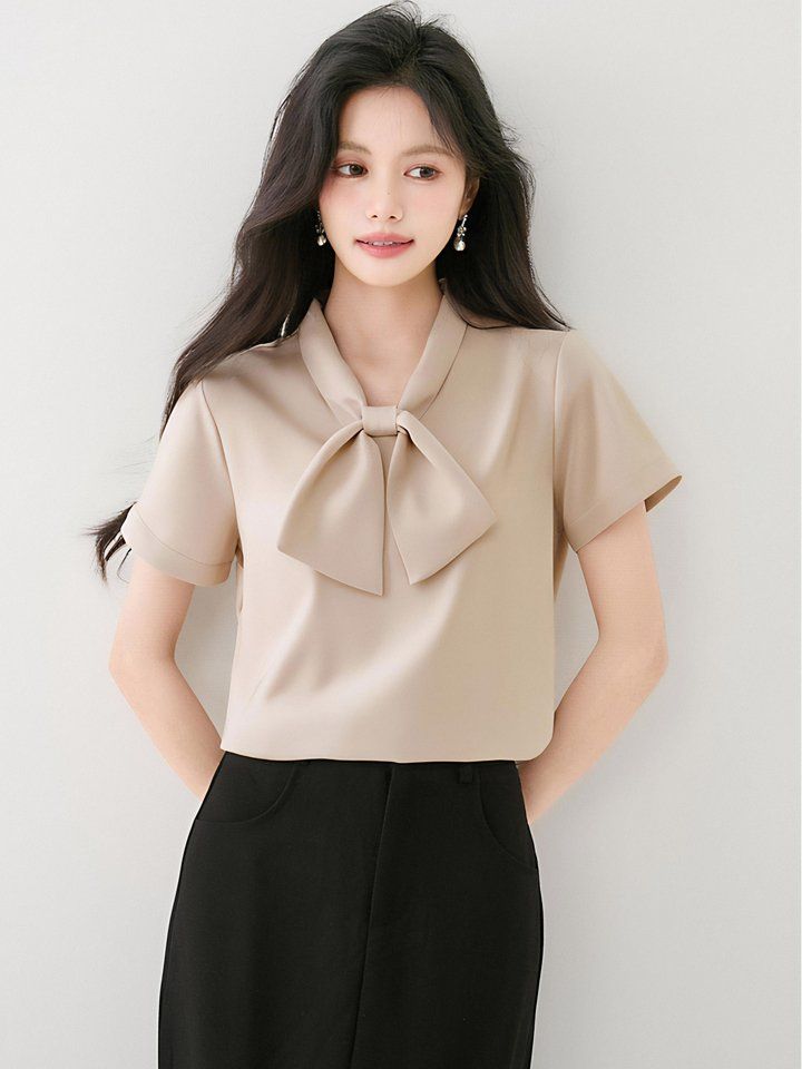 여성 여름 오피스룩 보우타이 브이넥 반팔 블라우스 출근룩 정장룩 격식룩 하객룩 세련된 - 상세 이미지 3