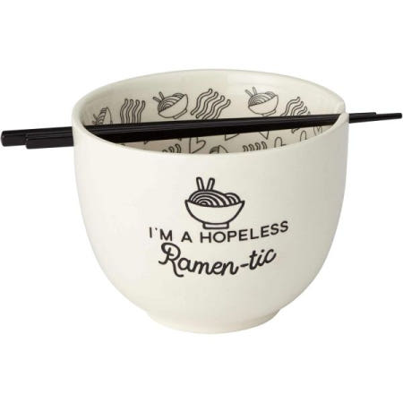 [해외]Enesco 6002424 Our Name is Mud Hopeless Ramen-Tic Soup Bowl and Chopsticks Set, White, 5 Inches