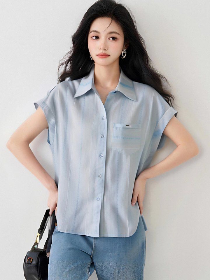 봄 여름 여성 루즈핏 스트라이프 폴로카라 반팔 셔츠 포켓 캐주얼룩 빅사이즈 블루스트라이프 - 상세 이미지 3