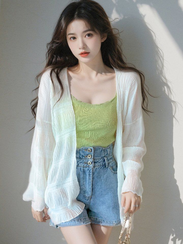 봄 여름 여성 루즈핏 플리츠 시스루 긴팔가디건 오픈형 아우터 데일리룩 아이보리 - 상세 이미지 2
