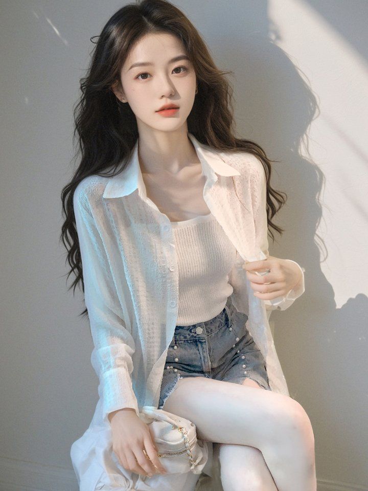봄 여름 여성 루즈핏 시스루 긴팔셔츠 자카드 폴로카라 아우터 데일리룩 빅사이즈 화이트 - 상세 이미지 4