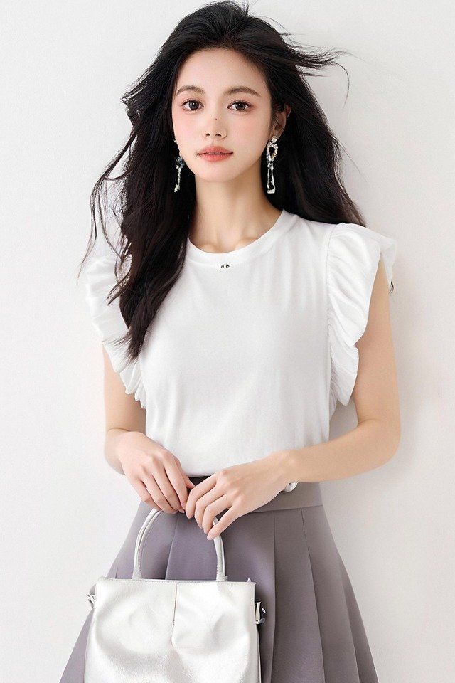 봄 여름 여성 스트레이트핏 라운드넥 프릴소매 반팔 티셔츠 캐주얼룩 데일리 화이트 - 상세 이미지 5