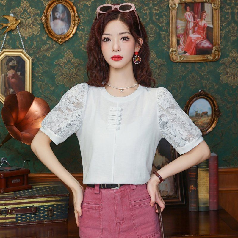 봄 여름 여성 스트레이트핏 라운드넥 래글런 레이스소매 반팔티셔츠 빅사이즈 데일리 화이트 - 상세 이미지 4
