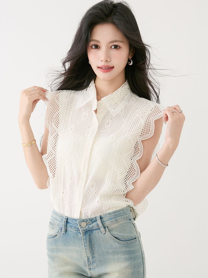 봄 여름 여성 스트레이트핏 펀칭레이스 민소매 셔츠 블라우스 폴로카라 캐주얼룩 화이트 - 상세 이미지 3